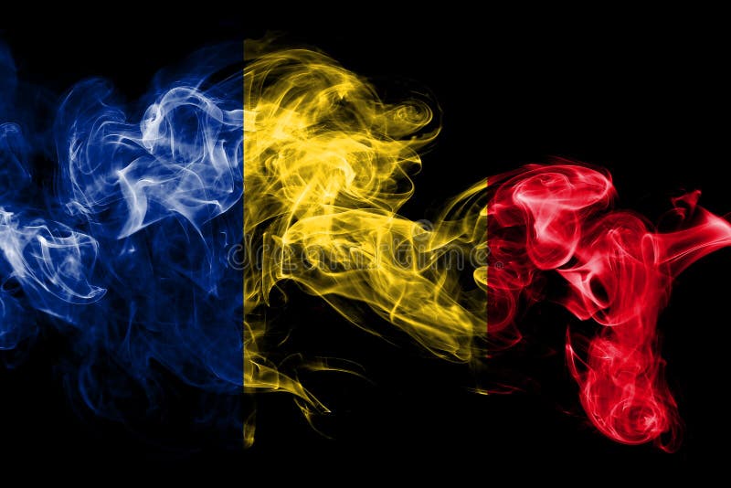 Le drapeau national de la Roumanie a fait à partir de la fumée colorée d'isolement sur le fond noir Fond soyeux abstrait de vague photographie stock Le drapeau national de la Roumanie a fait à partir de la fumée colorée d'isolement sur le fond noir Fond soyeux abstrait de vague photographie stock