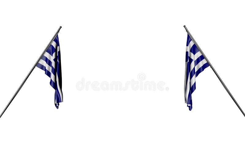Le due bandiere meravigliose della Grecia appende sui pali diagonali da due lati isolati su bianco- tutta l'illustrazione della b illustrazione di stock Le due bandiere meravigliose della Grecia appende sui pali diagonali da due lati isolati su bianco- tutta l'illustrazione della b illustrazione di stock