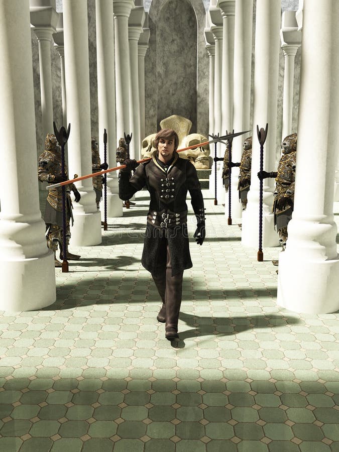 Late Medieval, Renaissance or fantasy style spearman in black leather armour walking through a pillared hall or throneroom, 3d digitally rendered illustration. Late Medieval, Renaissance or fantasy style spearman in black leather armour walking through a pillared hall or throneroom, 3d digitally rendered illustration