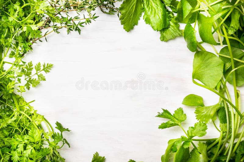 Le erbe fresche verdi si mescolano su fondo di legno bianco