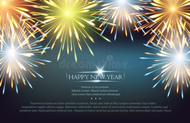 Le esplosioni dei fuochi d'artificio incorniciano l'orizzontale di colori su una cartolina d'auguri al buon anno royalty illustrazione gratis Le esplosioni dei fuochi d'artificio incorniciano l'orizzontale di colori su una cartolina d'auguri al buon anno royalty illustrazione gratis
