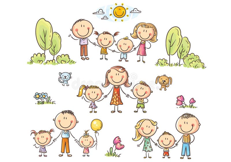Le famiglie felici hanno messo con i bambini, illustrazione di vettore royalty illustrazione gratis Le famiglie felici hanno messo con i bambini, illustrazione di vettore royalty illustrazione gratis