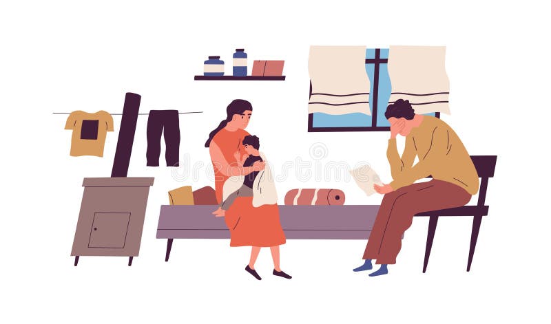 Poor family have no money to pay bills vector flat illustration. Miserable jobless father holding receipt worrying about payment isolated. Unemployment and financial problem, crisis or bankruptcy. Poor family have no money to pay bills vector flat illustration. Miserable jobless father holding receipt worrying about payment isolated. Unemployment and financial problem, crisis or bankruptcy.