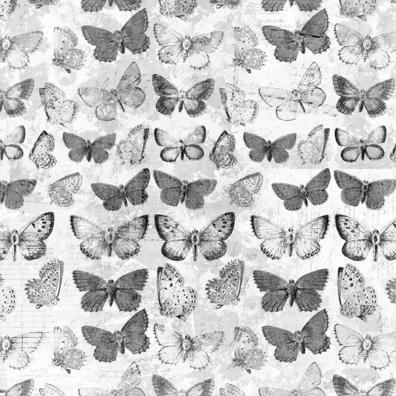 Le farfalle grungy antiche sopra il fondo francese del collage della fattura hanno desaturato