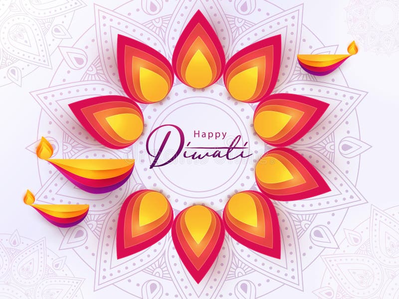 Le festival Diwali Hindu salue le design en papier coupé avec de belles lumières vives, des lampes à huile et des fleurs de lumiè