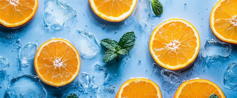 Le fette arancioni colorate sono disposte su una superficie blu fredda con cubetti di ghiaccio sparsi attorno. foglie di menta fre immagini stock libere da diritti