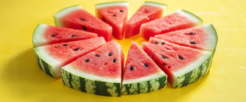 Le fette di cocomero a colori brillanti mostrano una disposizione geometrica su uno sfondo giallo allegro che evoca immagine stock