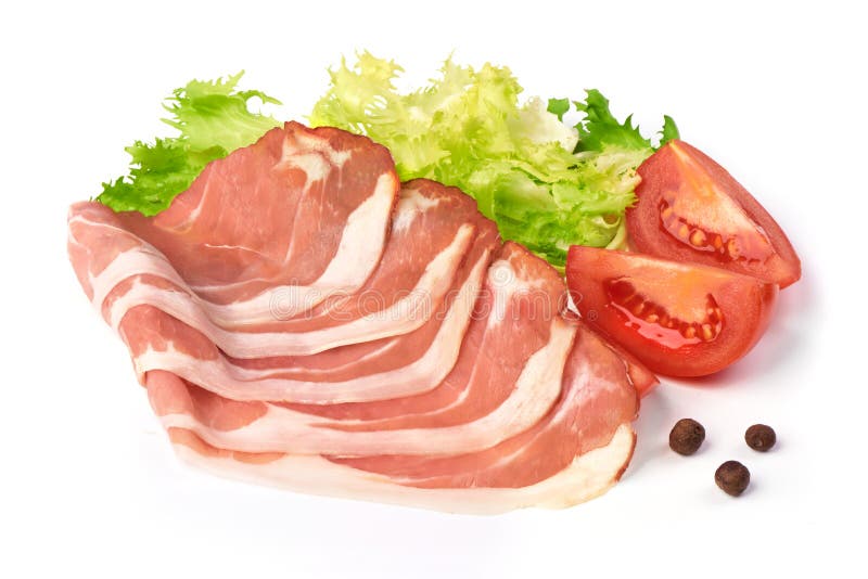 Le fette hanno asciugato la carne suina con lattuga, i pomodori verdi e le spezie, isolati su fondo bianco fotografia stock libera da diritti Le fette hanno asciugato la carne suina con lattuga, i pomodori verdi e le spezie, isolati su fondo bianco fotografia stock libera da diritti