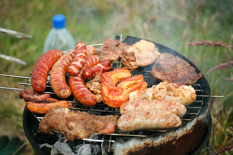 Le feu de feu de camp de feu flambe grillant le bifteck sur le BBQ photo libre de droits Le feu de feu de camp de feu flambe grillant le bifteck sur le BBQ photo libre de droits