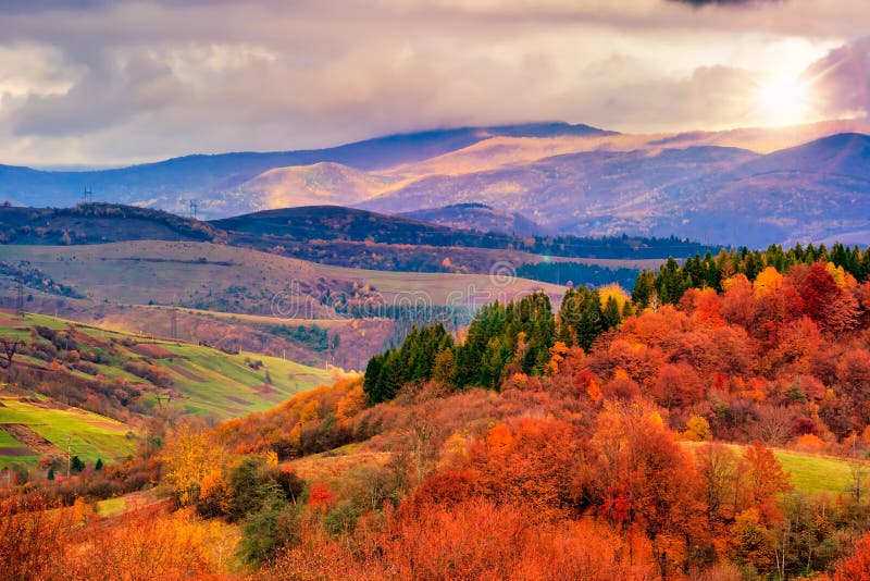 Le flanc de coteau d'automne avec les arbres colorés de feuillage s'approchent de la vallée photo stock Le flanc de coteau d'automne avec les arbres colorés de feuillage s'approchent de la vallée photo stock