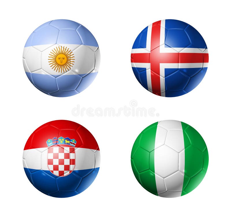 Le football de la Russie drapeaux de 2018 groupes D sur des ballons de football illustration stock Le football de la Russie drapeaux de 2018 groupes D sur des ballons de football illustration stock