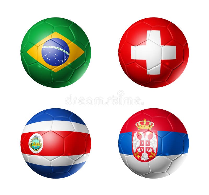 Le football de la Russie drapeaux de 2018 groupes E sur des ballons de football illustration libre de droits Le football de la Russie drapeaux de 2018 groupes E sur des ballons de football illustration libre de droits