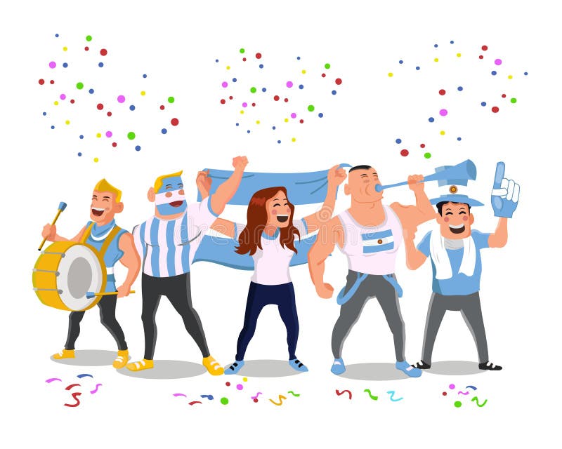 Vector Illustration of Fun and Cheerful Party of Argentina Team national Supporter Crowd Having Fun Blowing Trumpet and Playing Drum. Vector Illustration of Fun and Cheerful Party of Argentina Team national Supporter Crowd Having Fun Blowing Trumpet and Playing Drum