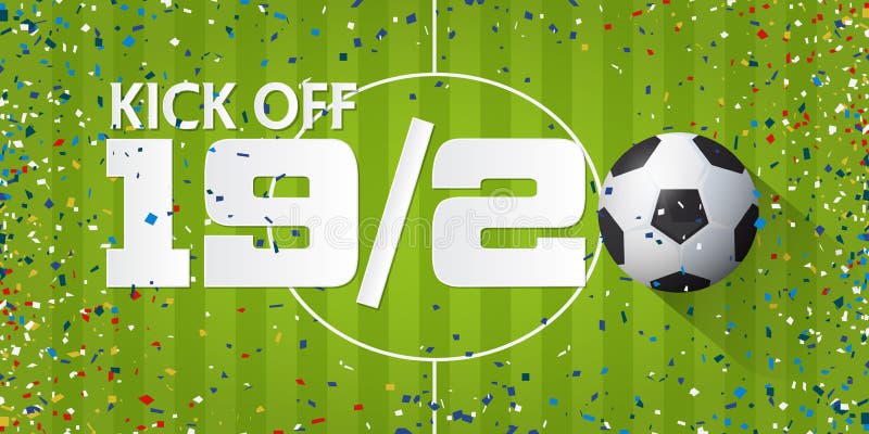 Le football ou le football donnent un coup de pied la bannière avec des confettis de ballon de football et de papier sur le fond illustration de vecteur Le football ou le football donnent un coup de pied la bannière avec des confettis de ballon de football et de papier sur le fond illustration de vecteur