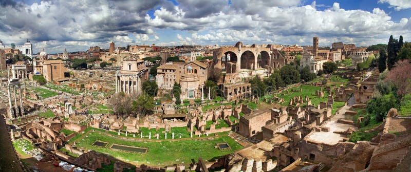 Panoramic view from Palatine hill to Roman Forum with all details startig from Temple of Saturn (on the right) to Rome Coliseum (on the left). Panoramic view from Palatine hill to Roman Forum with all details startig from Temple of Saturn (on the right) to Rome Coliseum (on the left).