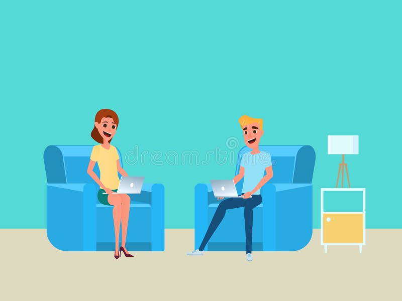 Le free lance lavorano a casa il concetto Uomo e donna che lavorano a casa con il computer portatile sul sofà illustrazione di stock Le free lance lavorano a casa il concetto Uomo e donna che lavorano a casa con il computer portatile sul sofà illustrazione di stock