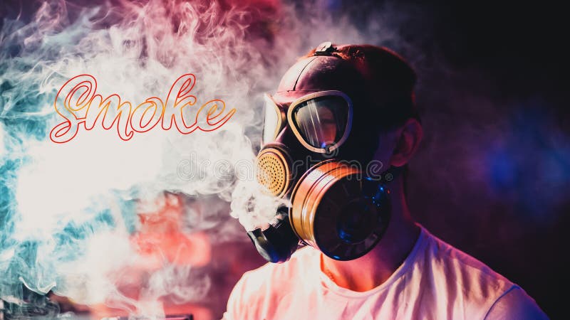 Male smoker in a gas mask smokes hookah smoke. Creative concept. Male smoker in a gas mask smokes hookah smoke. Creative concept