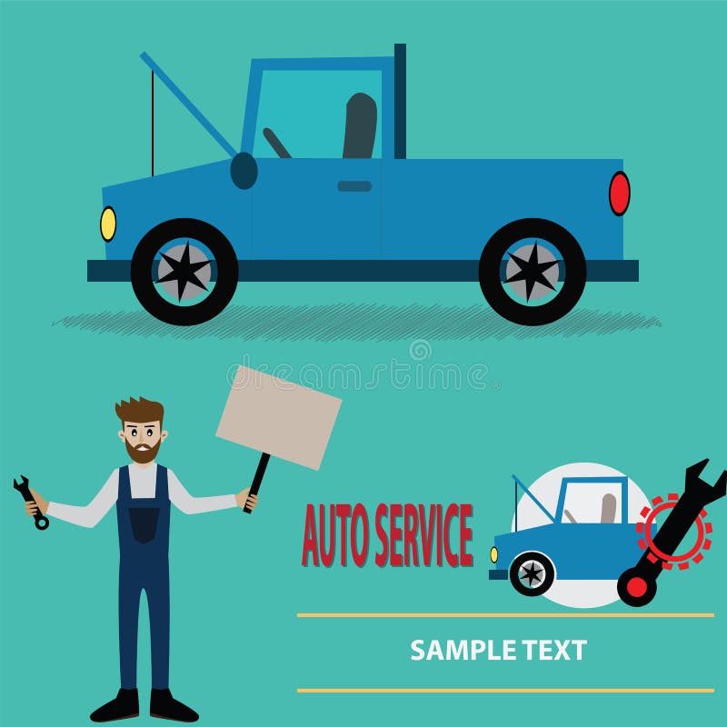 Le garage de voiture, fixent la voiture cassée, service de pneu - vecteur illustration de vecteur Le garage de voiture, fixent la voiture cassée, service de pneu - vecteur illustration de vecteur