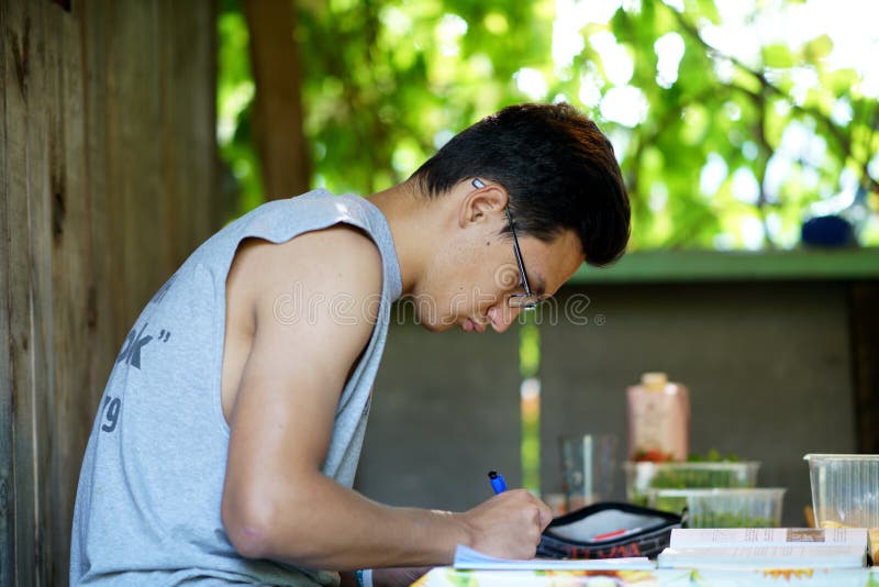 Le garçon apprenant l'écriture en plein air photo libre de droits