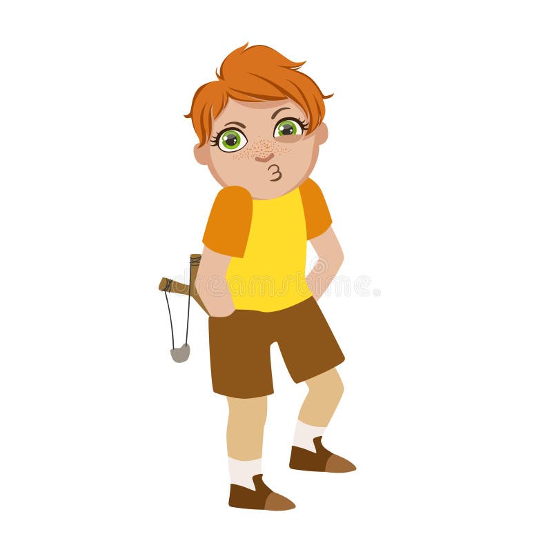 Boy With Slingshot Looking For Trouble, Part Of Bad Kids Behavior And Bullies Series Of Vector Illustrations With Characters Being Rude And Offensive. Schoolboy With Aggressive Behavior Acting Out And Offending Other Children. Boy With Slingshot Looking For Trouble, Part Of Bad Kids Behavior And Bullies Series Of Vector Illustrations With Characters Being Rude And Offensive. Schoolboy With Aggressive Behavior Acting Out And Offending Other Children..