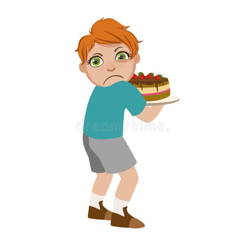 Greedy Boy Not Sharing Cake, Part Of Bad Kids Behavior And Bullies Series Of Vector Illustrations With Characters Being Rude And Offensive. Schoolboy With Aggressive Behavior Acting Out And Offending Other Children. Greedy Boy Not Sharing Cake, Part Of Bad Kids Behavior And Bullies Series Of Vector Illustrations With Characters Being Rude And Offensive. Schoolboy With Aggressive Behavior Acting Out And Offending Other Children..