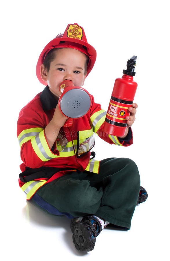 The five-year boy in fireman costume isolated on white background. The five-year boy in fireman costume isolated on white background