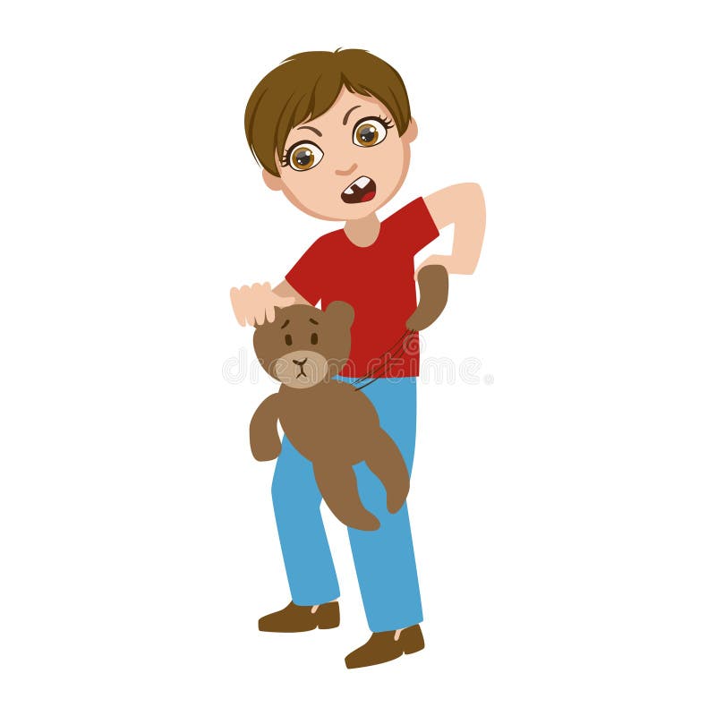 Boy Ripping Apart Teddy Bear, Part Of Bad Kids Behavior And Bullies Series Of Vector Illustrations With Characters Being Rude And Offensive. Schoolboy With Aggressive Behavior Acting Out And Offending Other Children. Boy Ripping Apart Teddy Bear, Part Of Bad Kids Behavior And Bullies Series Of Vector Illustrations With Characters Being Rude And Offensive. Schoolboy With Aggressive Behavior Acting Out And Offending Other Children..