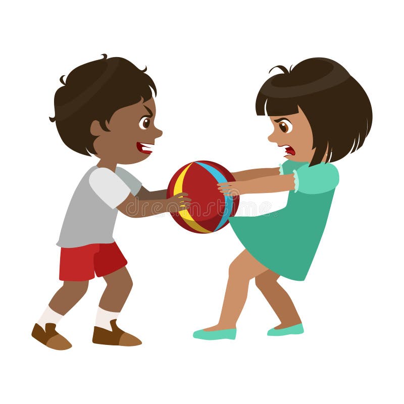 Boy Taking Away A Ball From A Girl, Part Of Bad Kids Behavior And Bullies Series Of Vector Illustrations With Characters Being Rude And Offensive. Schoolboy With Aggressive Behavior Acting Out And Offending Other Children. Boy Taking Away A Ball From A Girl, Part Of Bad Kids Behavior And Bullies Series Of Vector Illustrations With Characters Being Rude And Offensive. Schoolboy With Aggressive Behavior Acting Out And Offending Other Children..