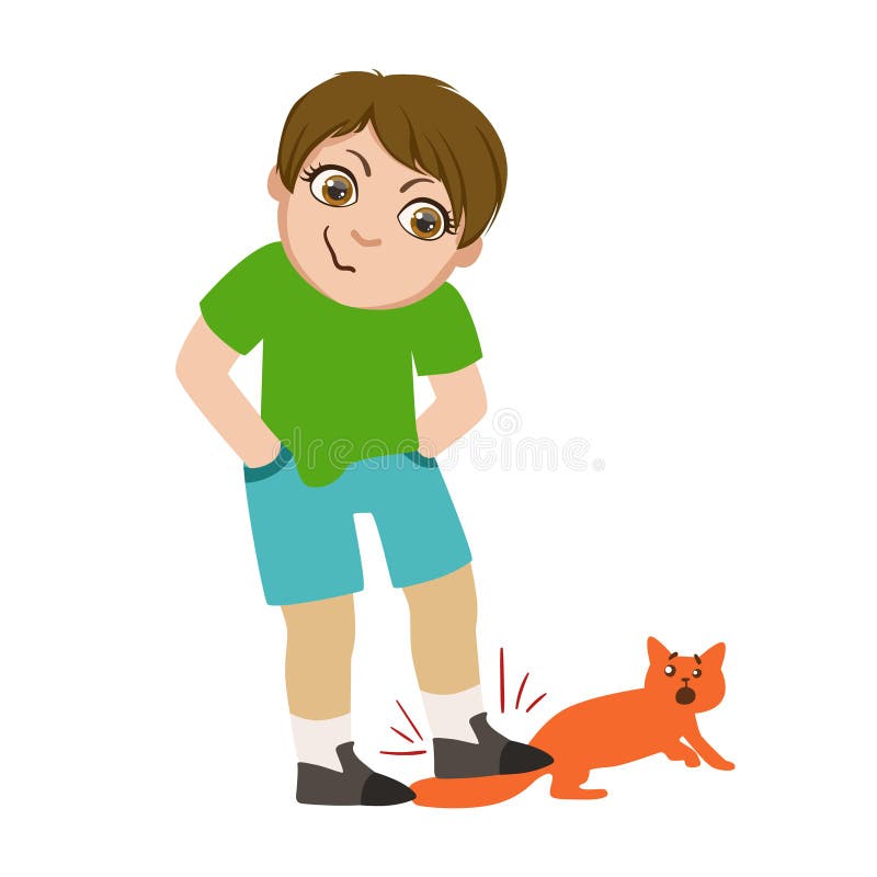 Boy Stepping On Cats Tail, Part Of Bad Kids Behavior And Bullies Series Of Vector Illustrations With Characters Being Rude And Offensive. Schoolboy With Aggressive Behavior Acting Out And Offending Other Children. Boy Stepping On Cats Tail, Part Of Bad Kids Behavior And Bullies Series Of Vector Illustrations With Characters Being Rude And Offensive. Schoolboy With Aggressive Behavior Acting Out And Offending Other Children.