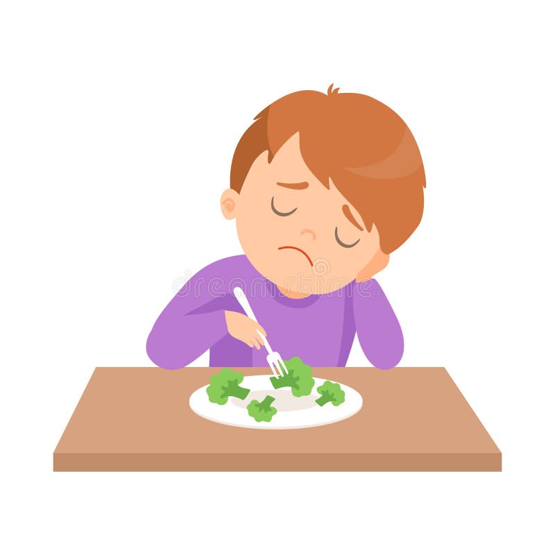 Le garçon mignon fait pour ne pas vouloir manger du brocoli, enfant fait pas comme l'illustration de vecteur de légumes