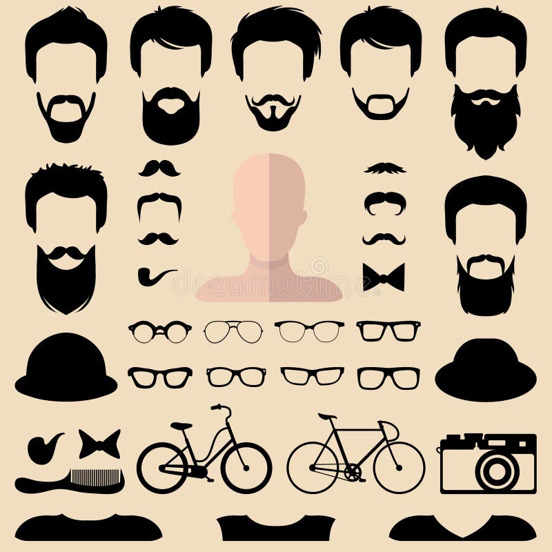 Le grand ensemble de vecteur de habillent le constructeur avec différentes coupes de cheveux de hippie d'hommes, verres, barbe et illustration stock Le grand ensemble de vecteur de habillent le constructeur avec différentes coupes de cheveux de hippie d'hommes, verres, barbe et illustration stock