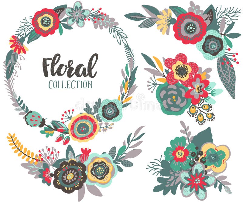 Le graphique de vecteur a placé avec de belles fleurs, guirlande florale, bouquets illustration libre de droits Le graphique de vecteur a placé avec de belles fleurs, guirlande florale, bouquets illustration libre de droits