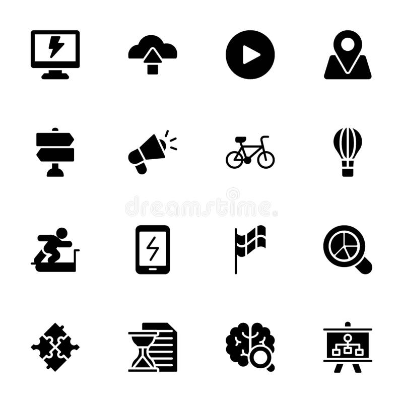 Le graphique, sprint, poussée, cerveau, icônes solides de gain emballent illustration stock Le graphique, sprint, poussée, cerveau, icônes solides de gain emballent illustration stock