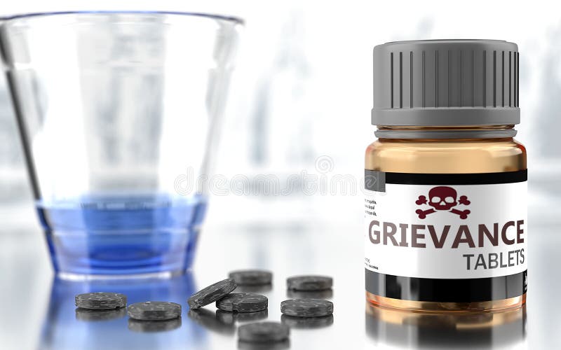 Grievance as harmful, negative and damaging aspect of life, unhealthy poison to the soul that affects people mind and body, harms mental health, symbolized as a bad medicine, 3d illustration. Grievance as harmful, negative and damaging aspect of life, unhealthy poison to the soul that affects people mind and body, harms mental health, symbolized as a bad medicine, 3d illustration