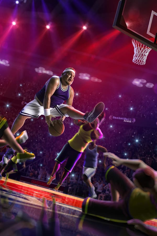 Le gros joueur non professionnel de basket-ball dans l'action, la cour et l'ennemi 3d rendent images libres de droits Le gros joueur non professionnel de basket-ball dans l'action, la cour et l'ennemi 3d rendent images libres de droits