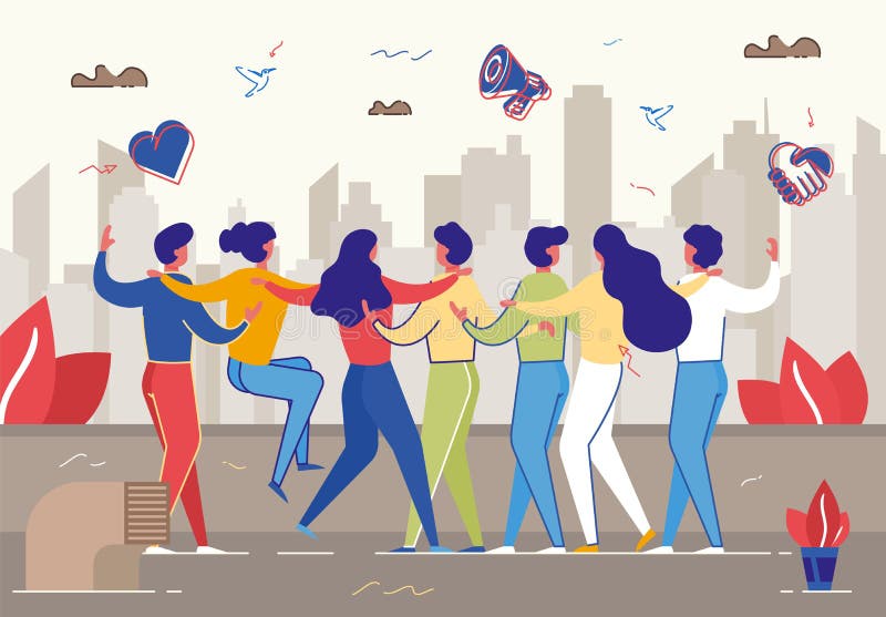 Le groupe d'amis se tiennent dans étreindre cru sur le toit illustration libre de droits Le groupe d'amis se tiennent dans étreindre cru sur le toit illustration libre de droits