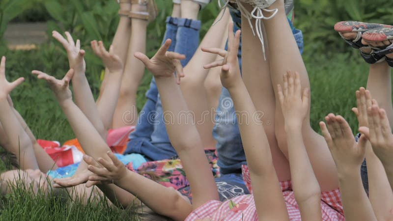 Le groupe d'enfants heureux se trouvant sur l'herbe verte dehors se garent au printemps banque de vidéos
