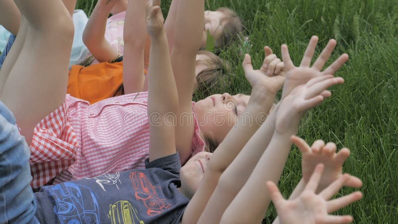 Le groupe d'enfants heureux se trouvant sur l'herbe verte dehors se garent au printemps banque de vidéos
