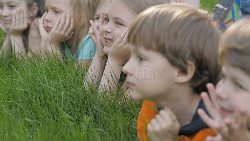 Le groupe d'enfants heureux se trouvant sur l'herbe verte dehors se garent au printemps banque de vidéos