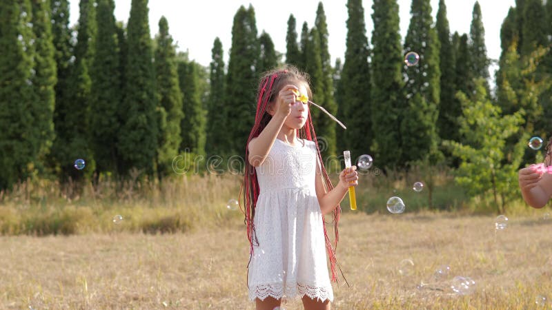 Le groupe d'enfants heureux soufflent des bulles de savon dans le parc d'été banque de vidéos