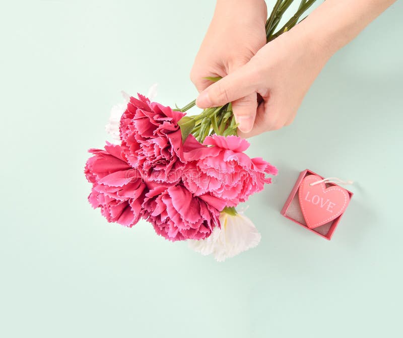 Le groupe d'oeillet de jour du ` s de mère de mai de bouquet de fleurs holded par la main du ` s de mère photographie stock libre de droits Le groupe d'oeillet de jour du ` s de mère de mai de bouquet de fleurs holded par la main du ` s de mère photographie stock libre de droits