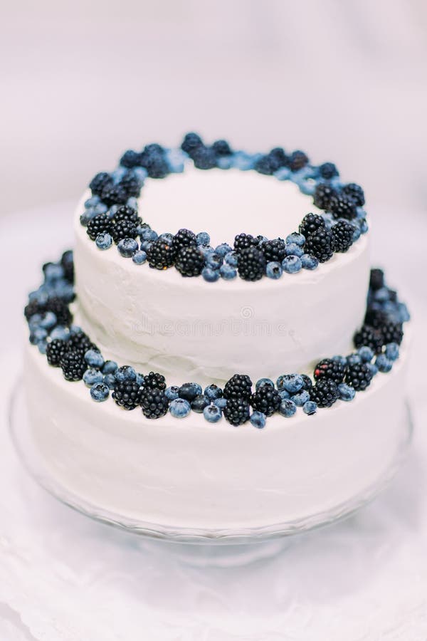 Le gâteau crème franc délicieux décoré des myrtilles et des mûres a isolé le plan rapproché sur le fond blanc images libres de droits Le gâteau crème franc délicieux décoré des myrtilles et des mûres a isolé le plan rapproché sur le fond blanc images libres de droits