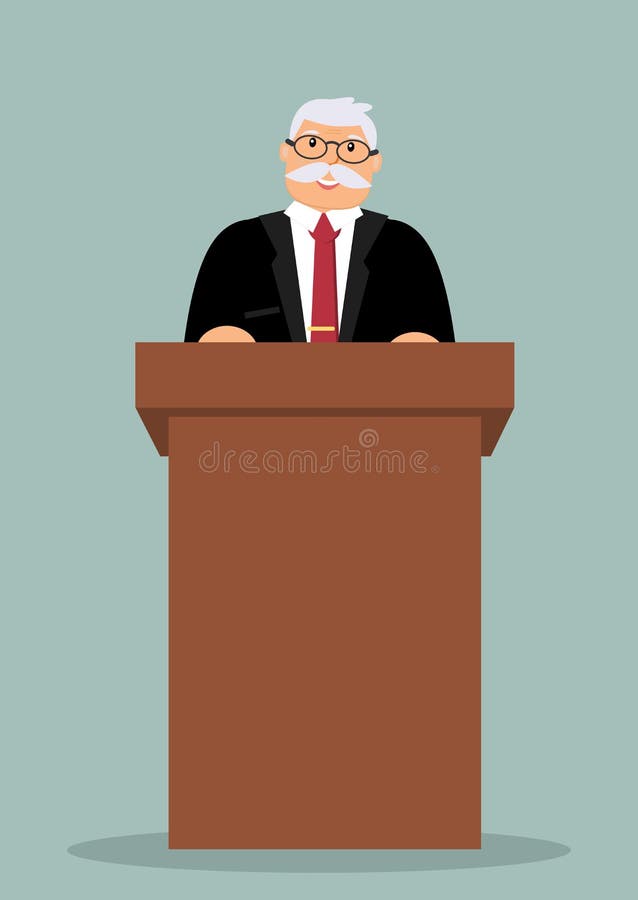 Le haut-parleur plus âgé de sourire se tient derrière le lutrin en bois brun illustration libre de droits Le haut-parleur plus âgé de sourire se tient derrière le lutrin en bois brun illustration libre de droits