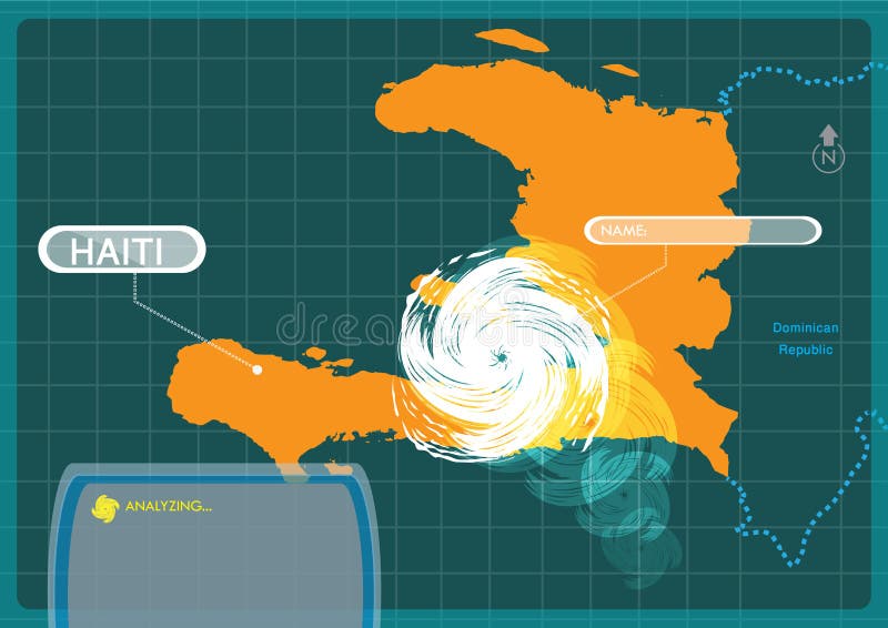 Satellite monitor concept of Haiti with a Typhoon making a landfall at capital Port-au-prince . Editable Clip Art included. Satellite monitor concept of Haiti with a Typhoon making a landfall at capital Port-au-prince . Editable Clip Art included.