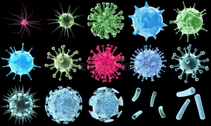 Le icone dei batteri del virus della rappresentazione 3d mettono, sottraggono i bei batteri variopinti microbiologici della molec royalty illustrazione gratis