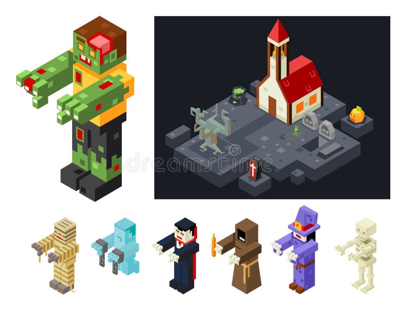 Le icone dei mostri di Halloween messe maledicono l'illustrazione isometrica di vettore del gioco 3d di progettazione piana diabo royalty illustrazione gratis Le icone dei mostri di Halloween messe maledicono l'illustrazione isometrica di vettore del gioco 3d di progettazione piana diabo royalty illustrazione gratis