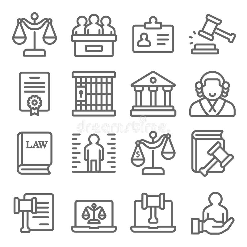 Le icone della legge e della giustizia impostano l'illustrazione vettoriale Contiene un'icona come Avvocati, Criminali, Cyber Law
