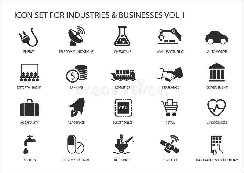 Le icone di affari ed i simboli di vari industrie/settori aziendali gradiscono l'industria di servizi finanziari, automobilistica illustrazione di stock