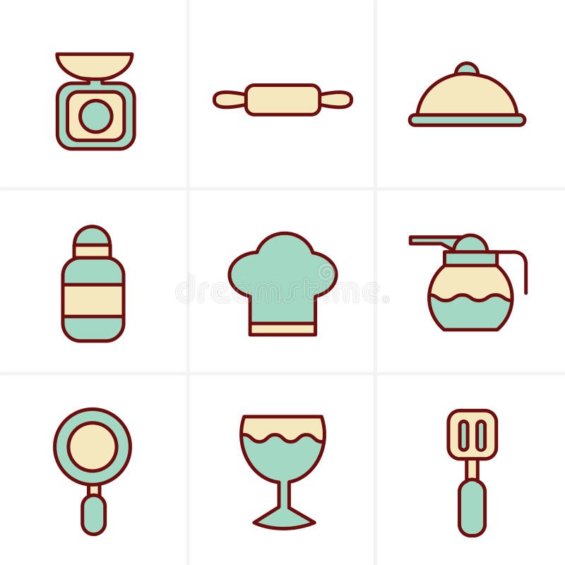 Le icone disegnano la cottura icone del profilo della cucina e degli alimenti messe illustrazione di stock Le icone disegnano la cottura icone del profilo della cucina e degli alimenti messe illustrazione di stock