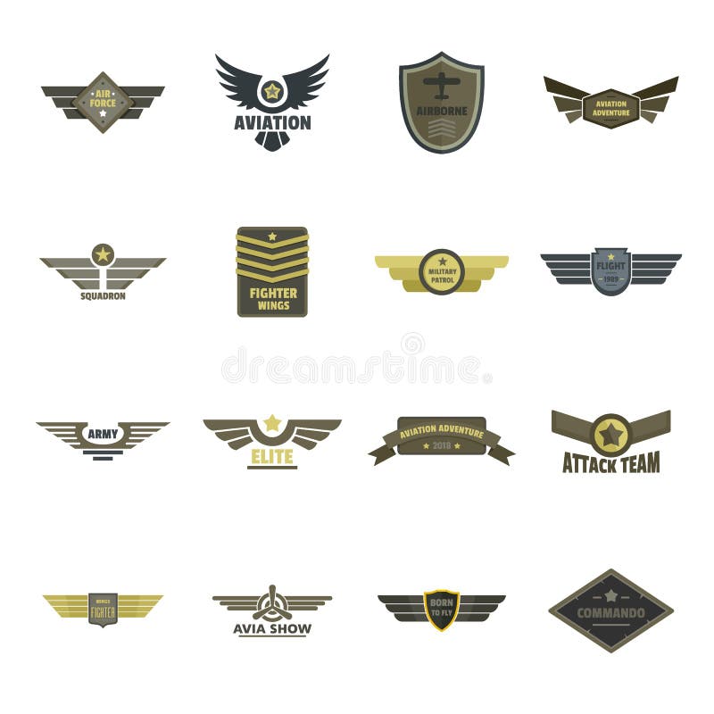 Le icone militari di logo della marina dell'aeronautica hanno messo, stile piano illustrazione di stock Le icone militari di logo della marina dell'aeronautica hanno messo, stile piano illustrazione di stock